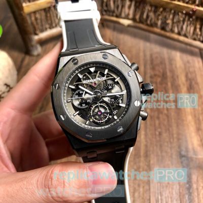 Copy Audemars Piguet Royal Oak Black Chronograph Dial Black & White Rubber Strap Watch